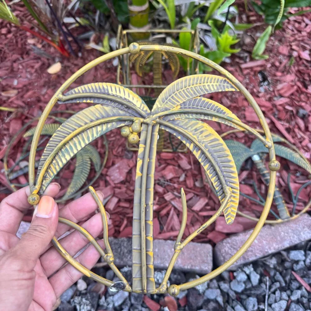 Vintage Palm Tree Metal Wall Art & Holder Set NWOT Tropical Coastal Decor